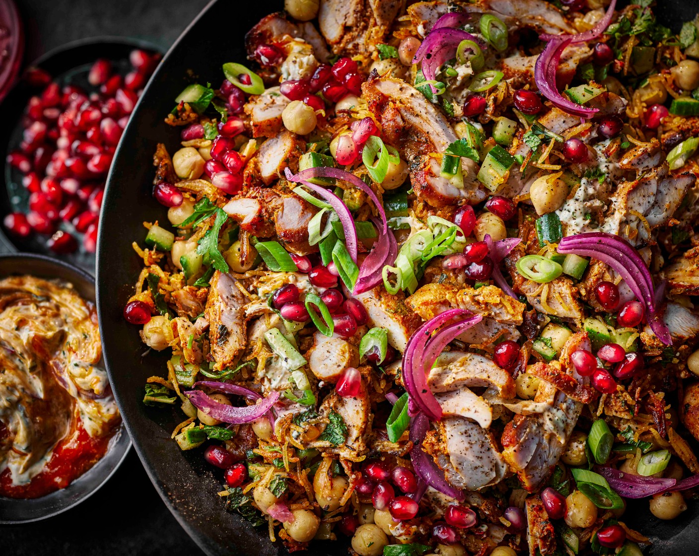 step 5 Add the crispy rice and gently toss with the Indian-style dip (1 pot). Top with pomegranate seeds (as needed) and pickled red onions (as needed) to serve.