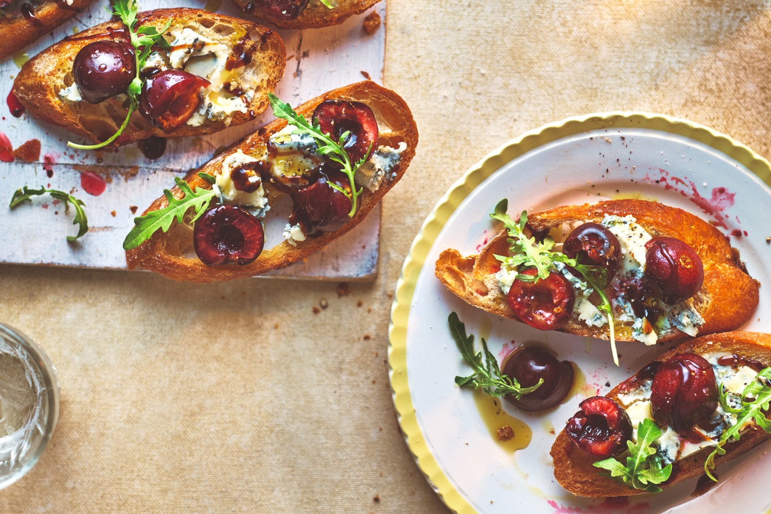 Cherry and roquefort sourdough crostini