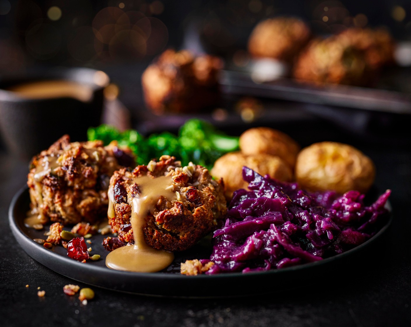 step 10 Prepare the roast potatoes (1 pack), cabbage (1 pack) and gravy (1 pouch) according to the pack instructions, if you like, and serve with the nut roast.