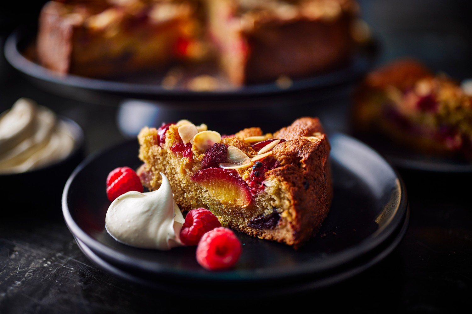 Spiced plum, raspberry and almond cake