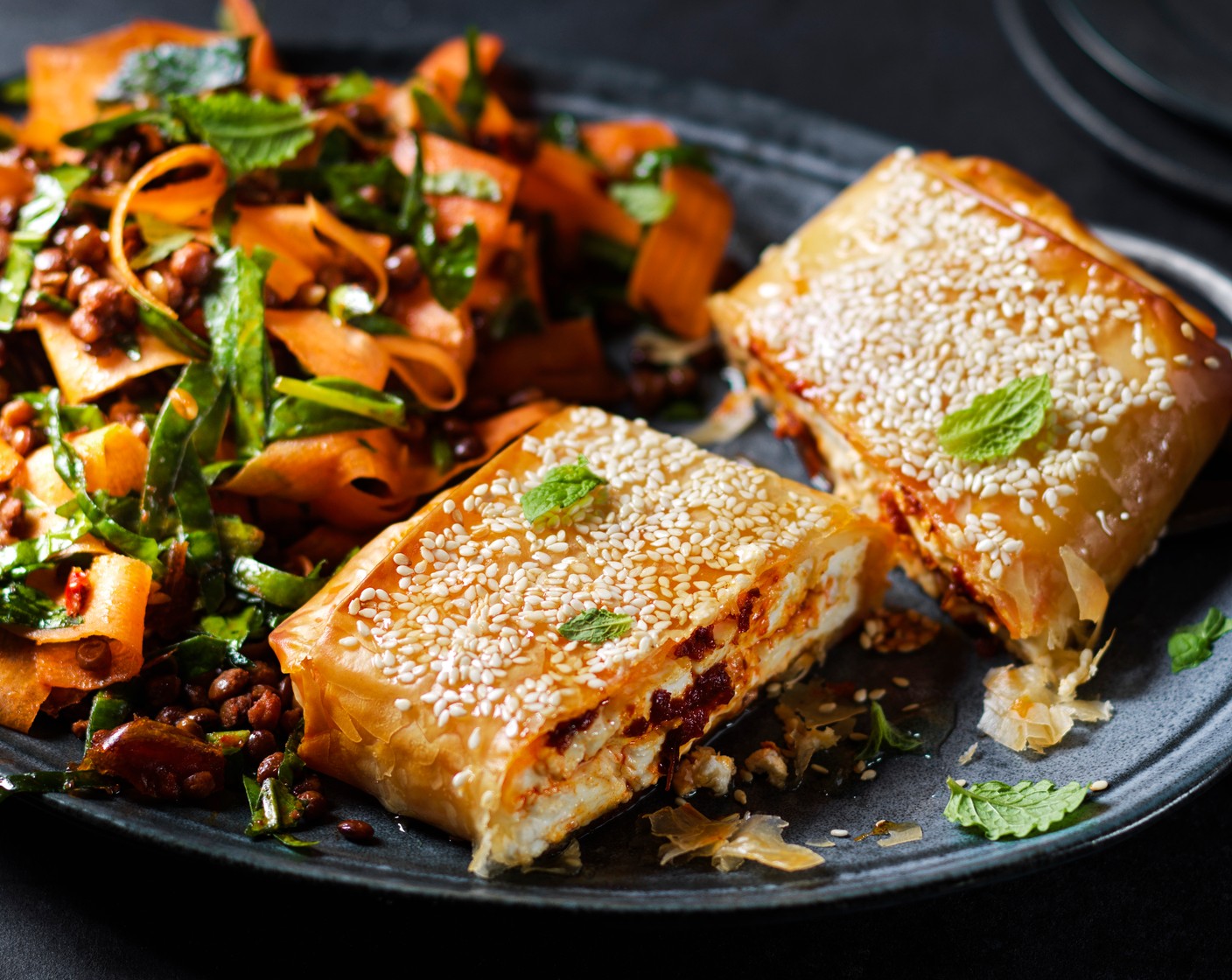 step 7 Serve the baked feta with the lentil salad, garnished with some fresh mint (as needed), if you like.