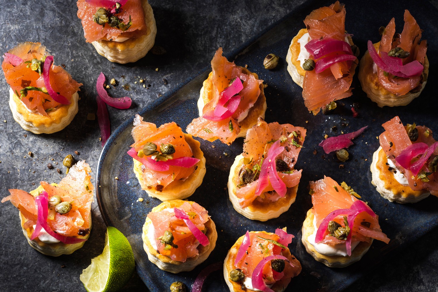 Dressed smoked salmon and chive vol au vents