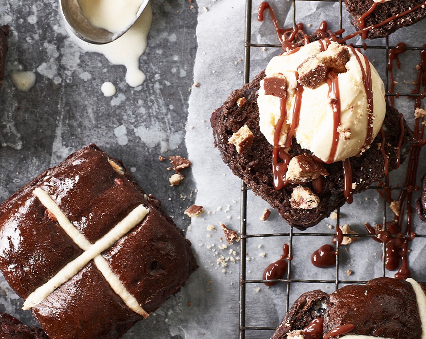 step 3 To assemble, add a scoop of ice cream to the top of each bun and drizzle with chocolate sauce (to taste).