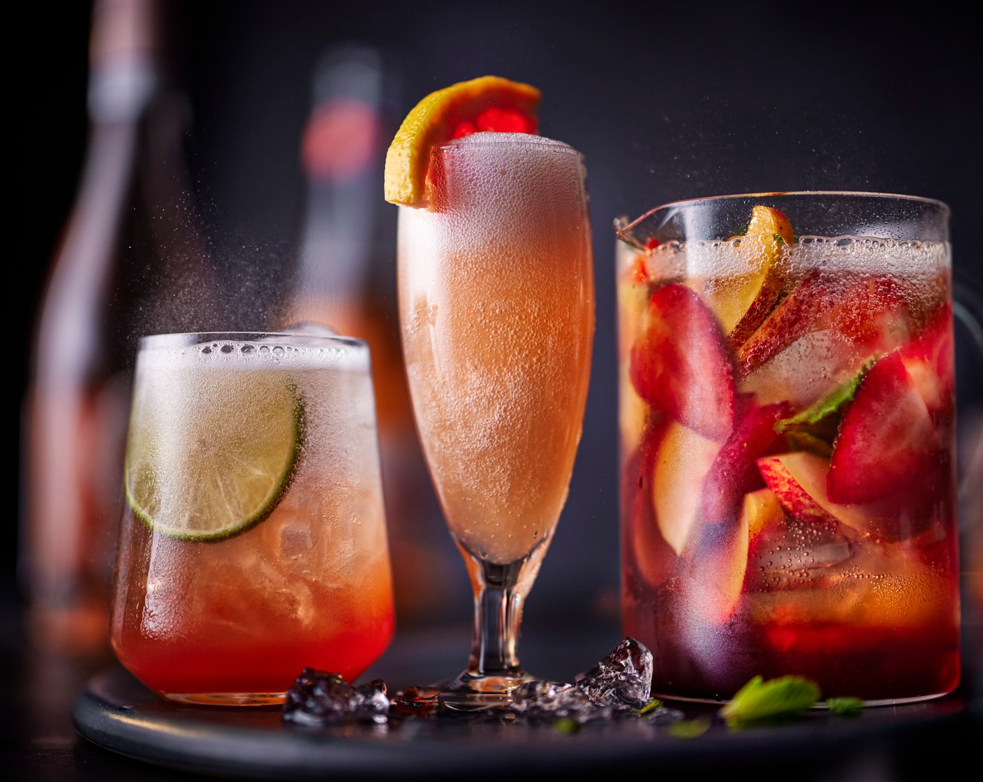 step 3 To make the low-alcohol rosé spritz, fill four large spritz or wine glasses with ice. Halve one of the lime (2) and squeeze a little juice into each of the glasses, then pour over 20ml low alcohol aperitivo (160 ml) into each. Top up with the frizzantea (750 ml) and the soda water (200 ml), stirring gently. Garnish with the remaining lime, cut into slices.