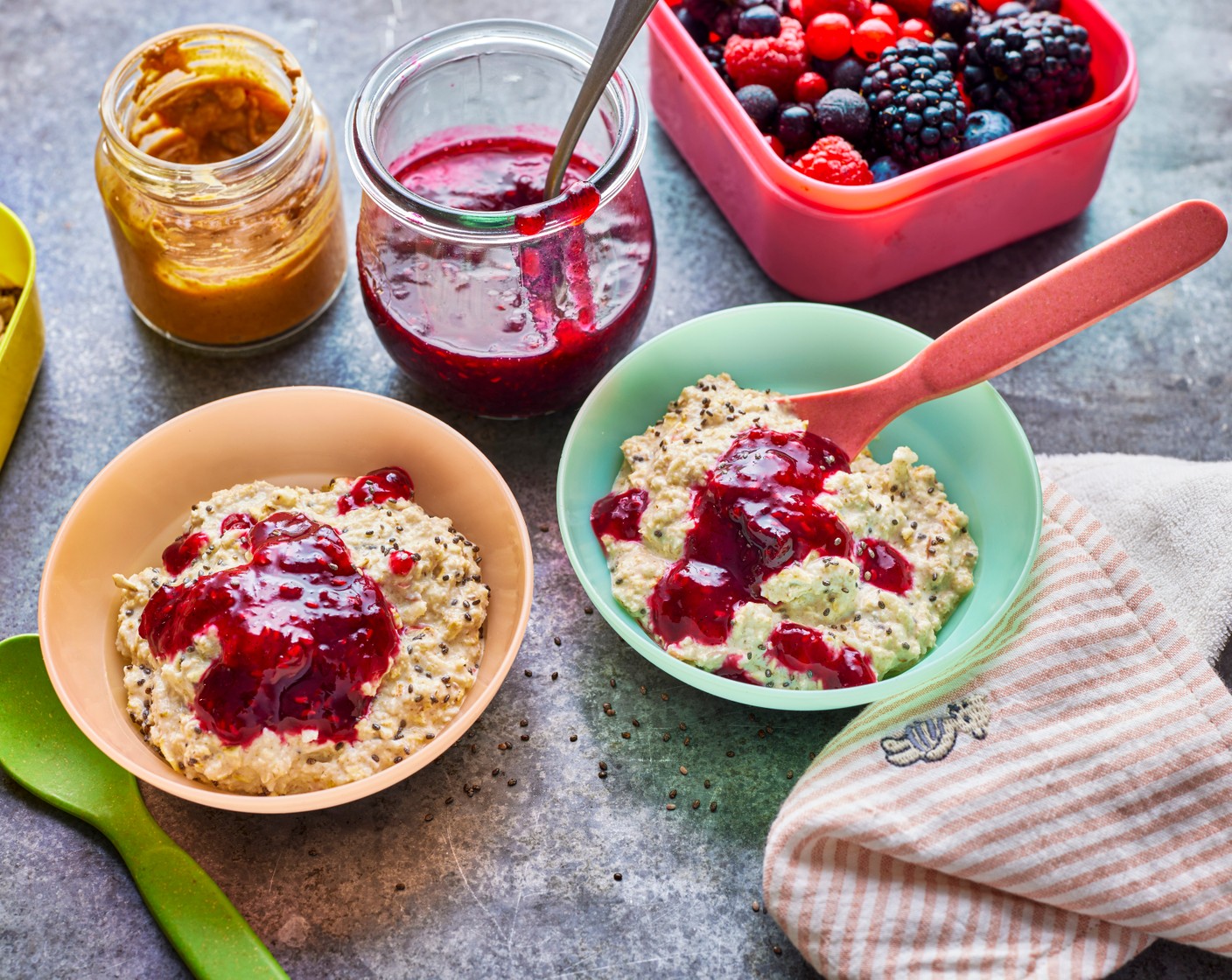 step 1 You can use the oats as they are at any age, but if you’d prefer, you can mill the oats using a bullet-style blender.

The night before you want to give this to your child, mix together the oats (25 g), milk (75 ml), apple (1/2), cinnamon (1 pinch) and chia seeds (1 tsp) in a small Tupperware. Put the lid on and leave in the fridge until the morning. 

As you proceed through your weaning journey, you might serve this with yogurt, nut butter, or our berry compote. 

(All age suitability recommendations and recipes are only guides, please alter as appropriate to suit your baby’s weaning journey)