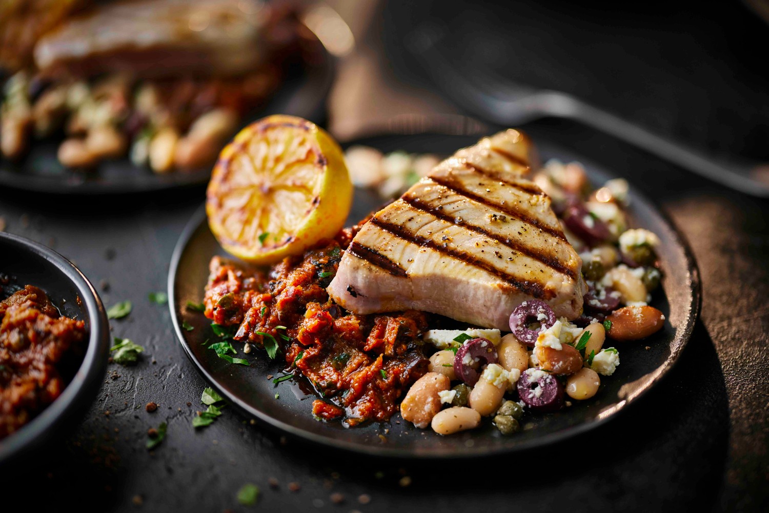 High protein seared tuna with pepperonata and beans