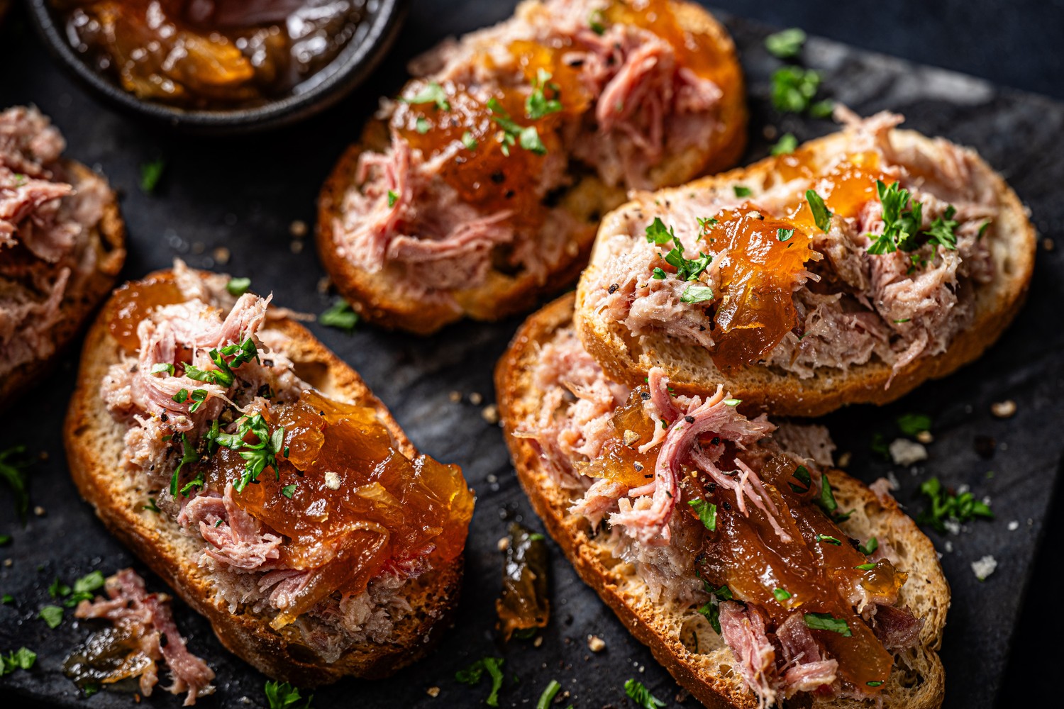 Duck rillette and chutney toasts