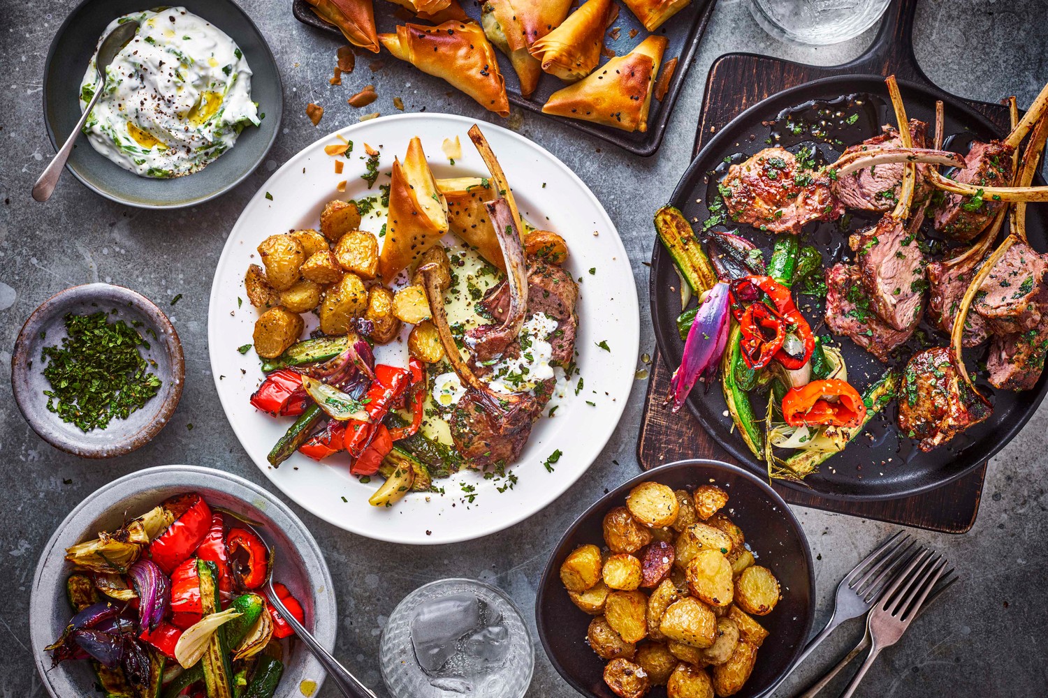 Mezze with Cypriot lamb chops and crispy new potatoes