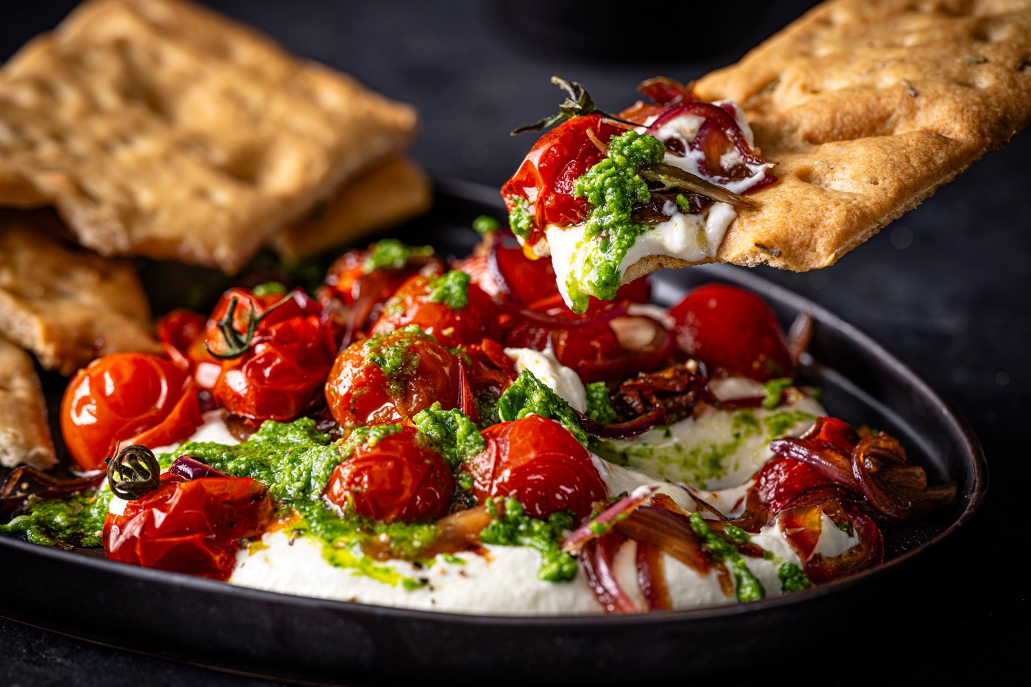 Whipped burrata and cherry tomato dip with focaccia breadsticks