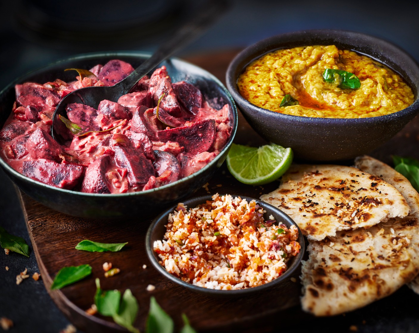 step 5 Serve the beetroot curry alongside the dal, with the flame-baked rotis (1 pack) and pol sambol on the side.