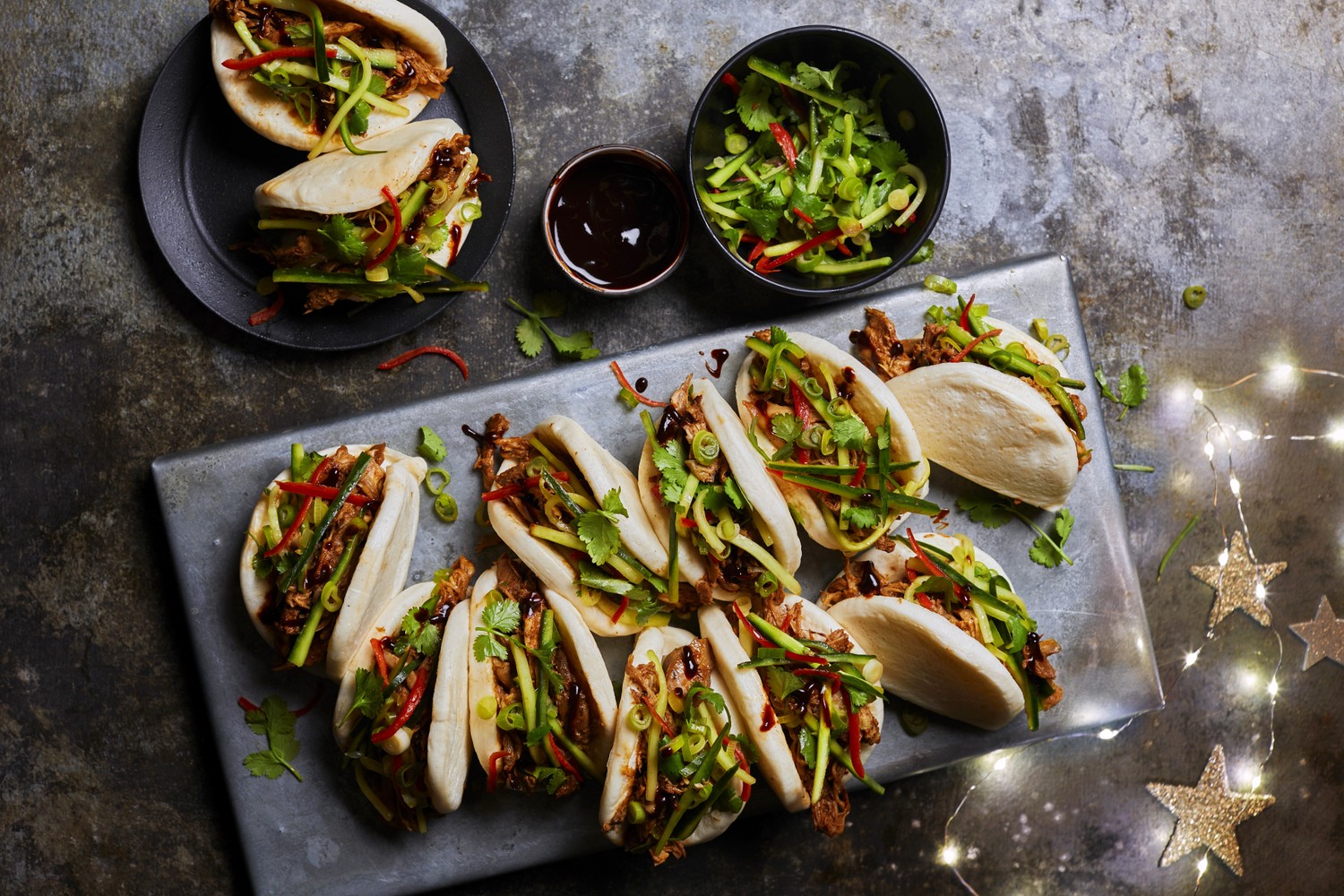 Sticky shredded turkey bao buns
