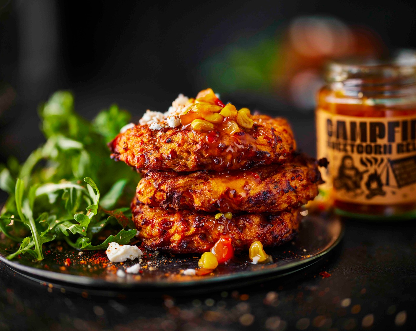 step 3 Serve with the sweetcorn relish (1 tbsp) and crumbled Greek salad cheese (200 g). Serve alongside a green salad, if you like.