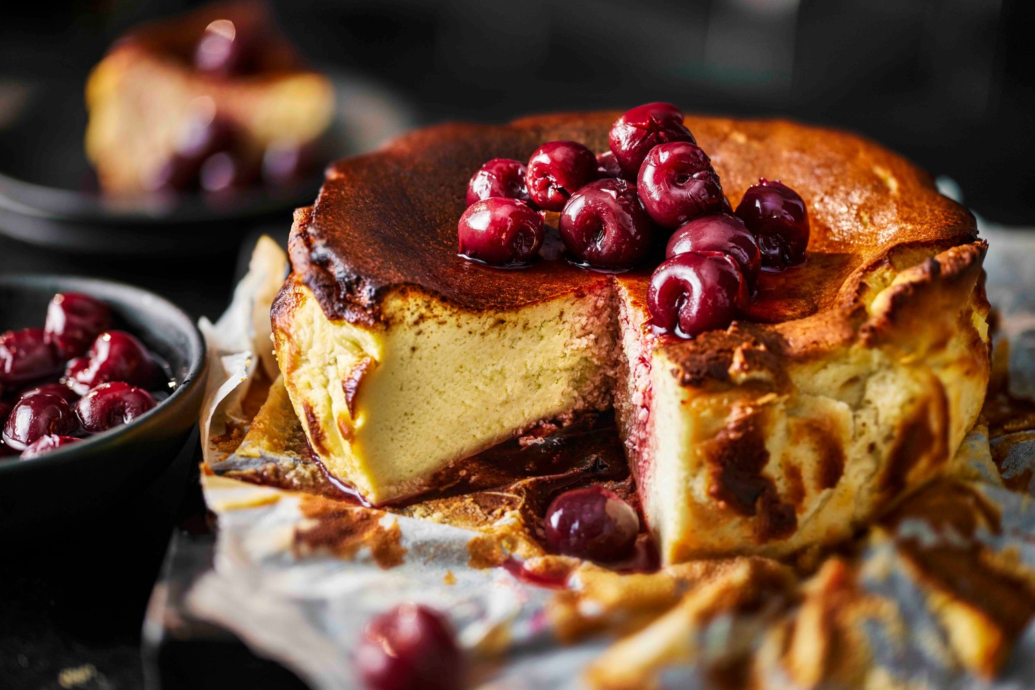 Make-ahead cherry and pistachio Basque cheesecake recipe