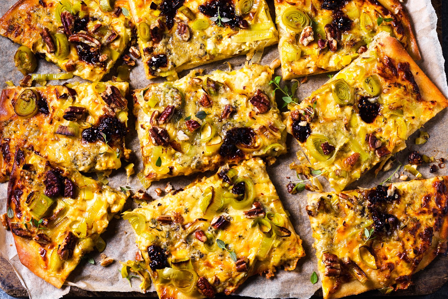 Loaded cheese and sweet leek pizza