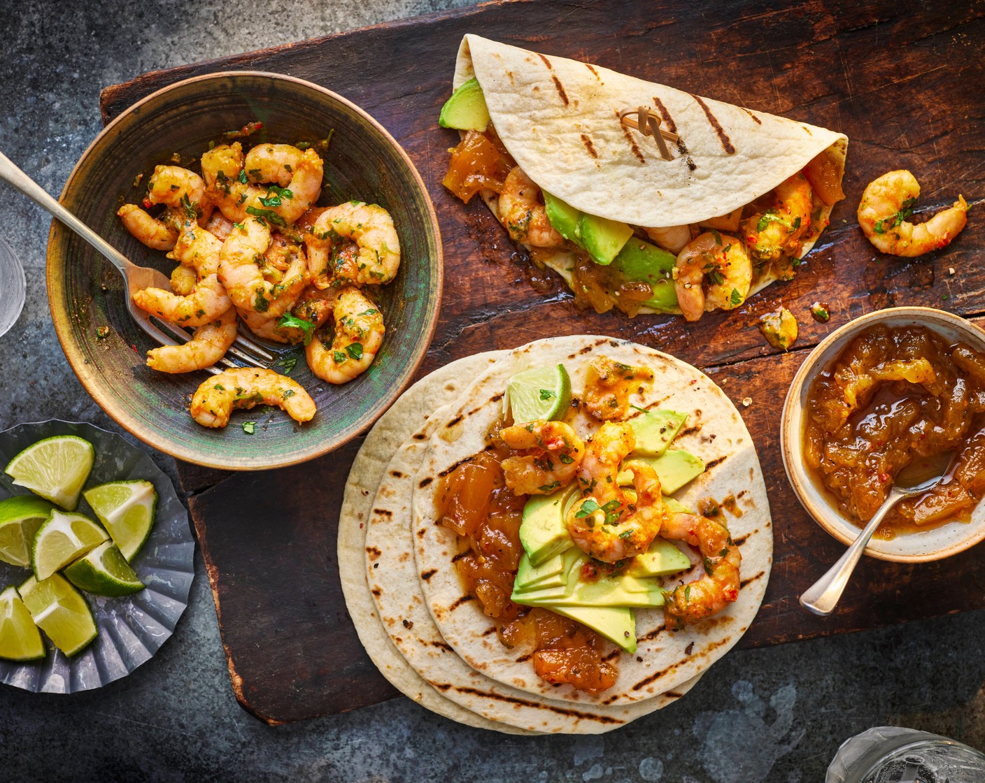 step 3 Add a spoonful of the relish (as needed) to each taco, before piling on the prawns and the avocado to serve.