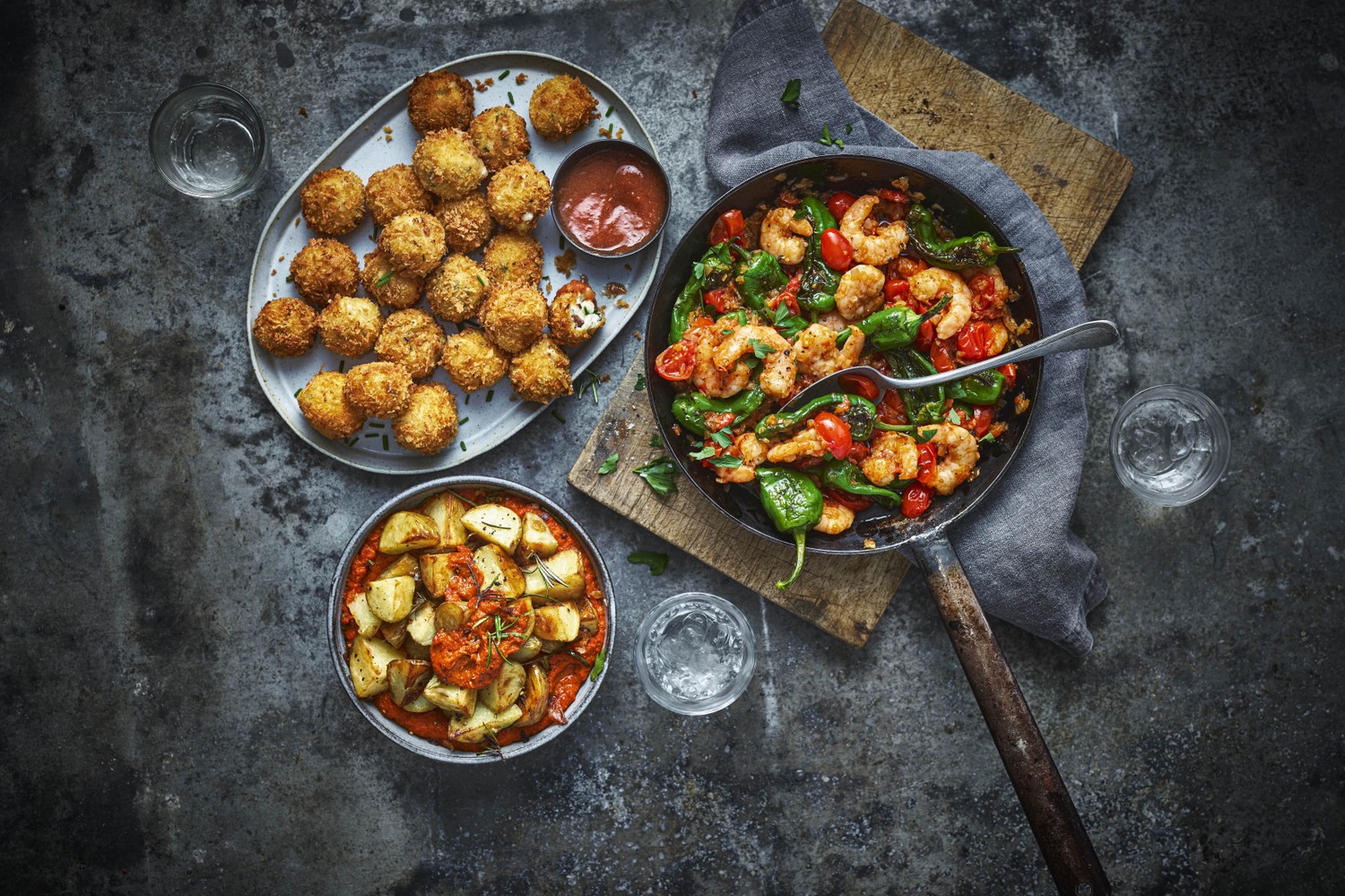 Tapas prawns, anchovy croquetas and patatas bravas