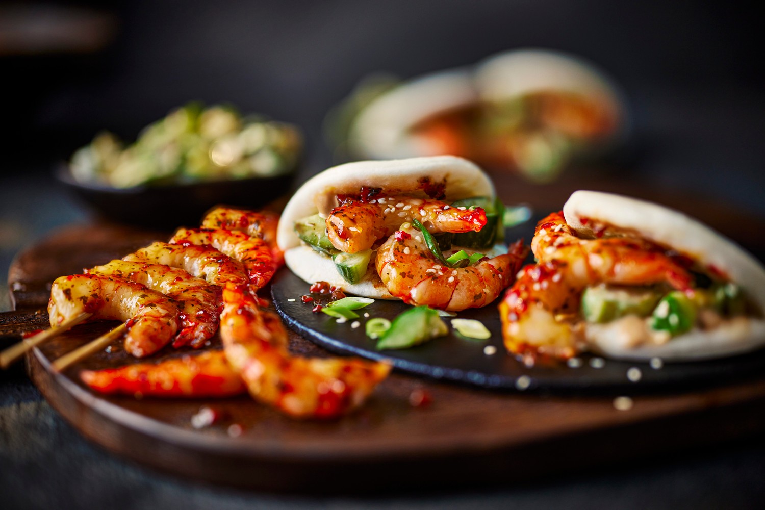 Prawn bao buns with smacked cucumber salad