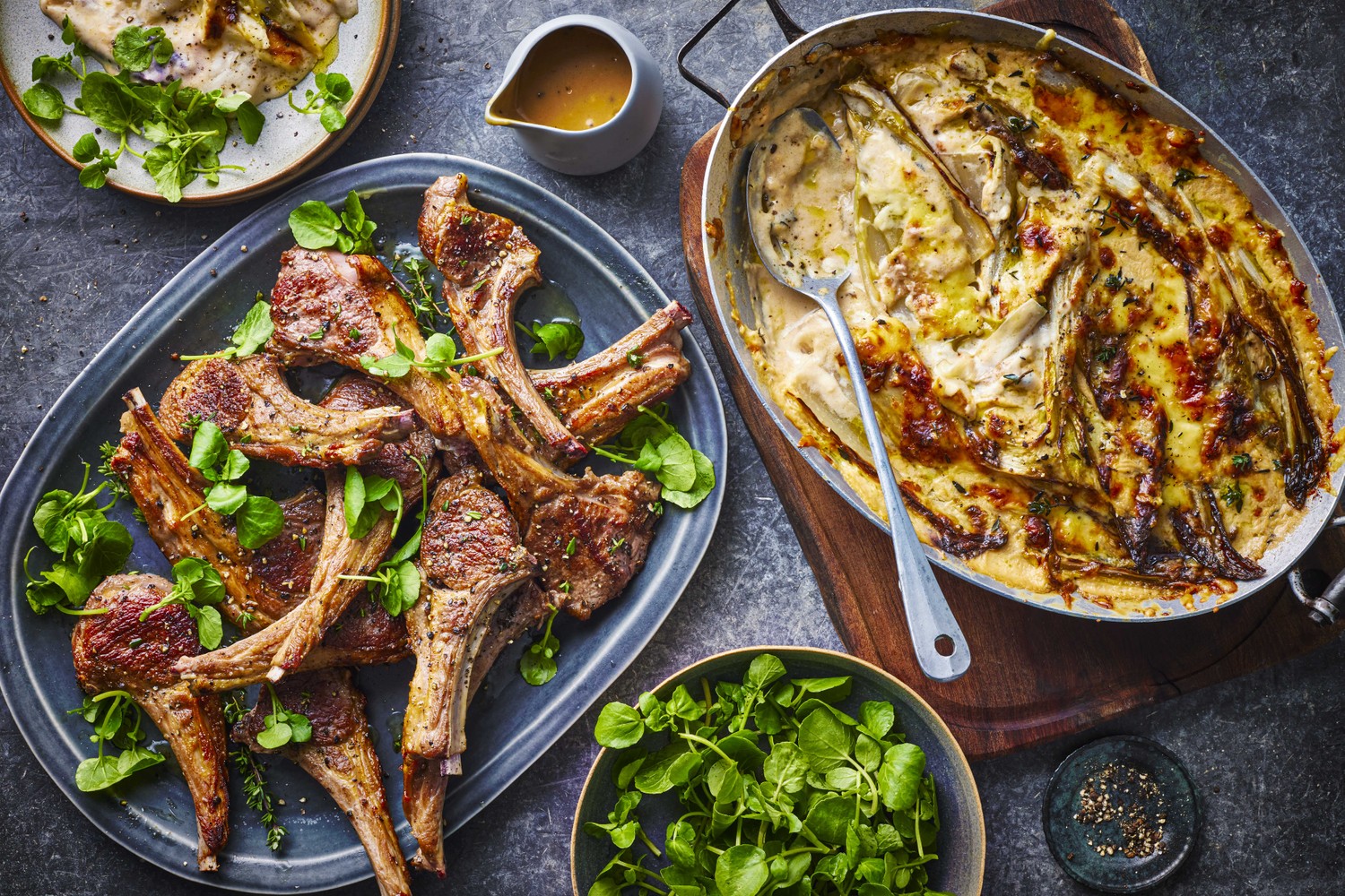 Tom Kerridge's lamb chops with cheesy chicory gratin