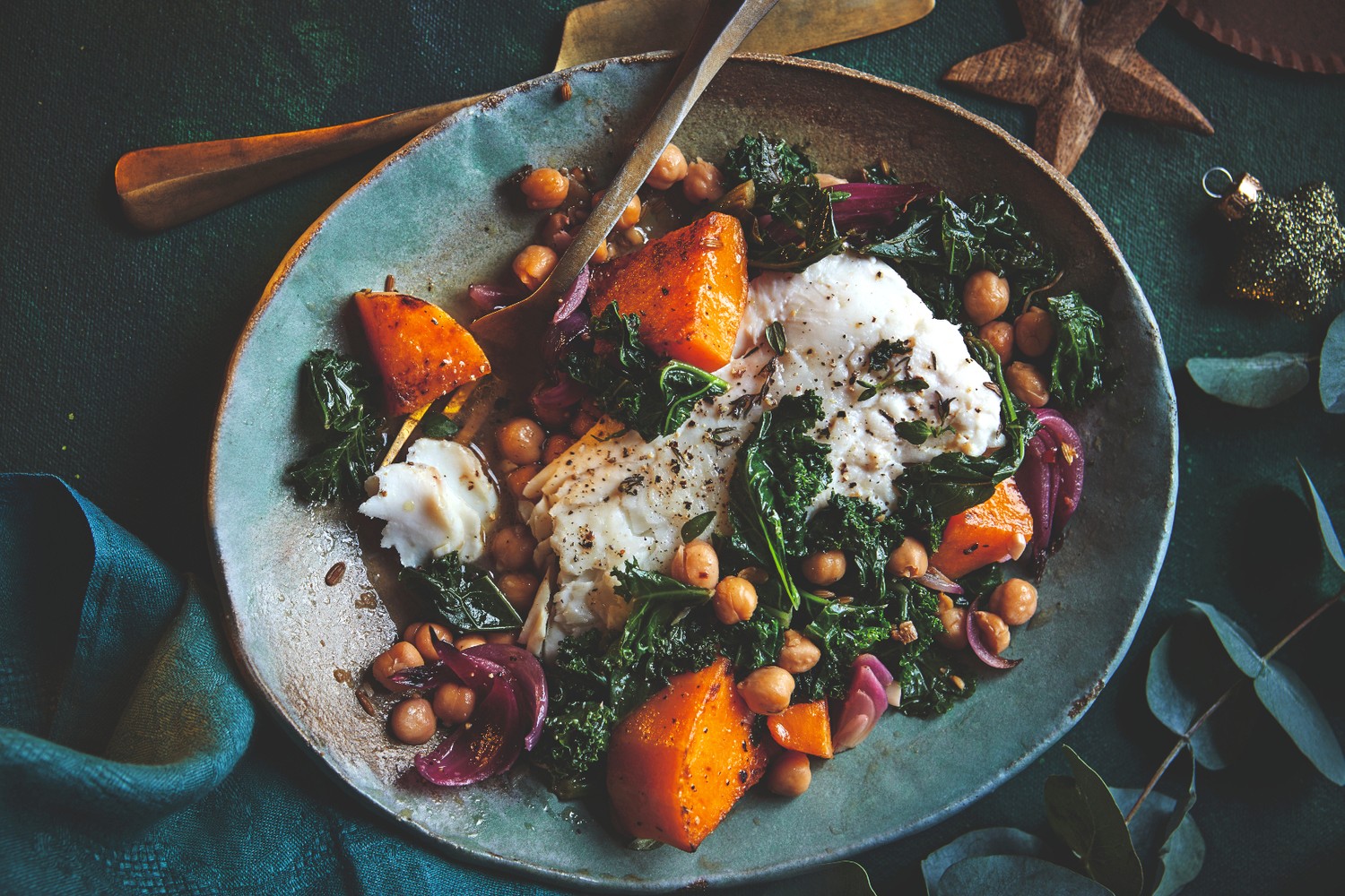Spiced haddock with butternut squash, kale and chickpeas