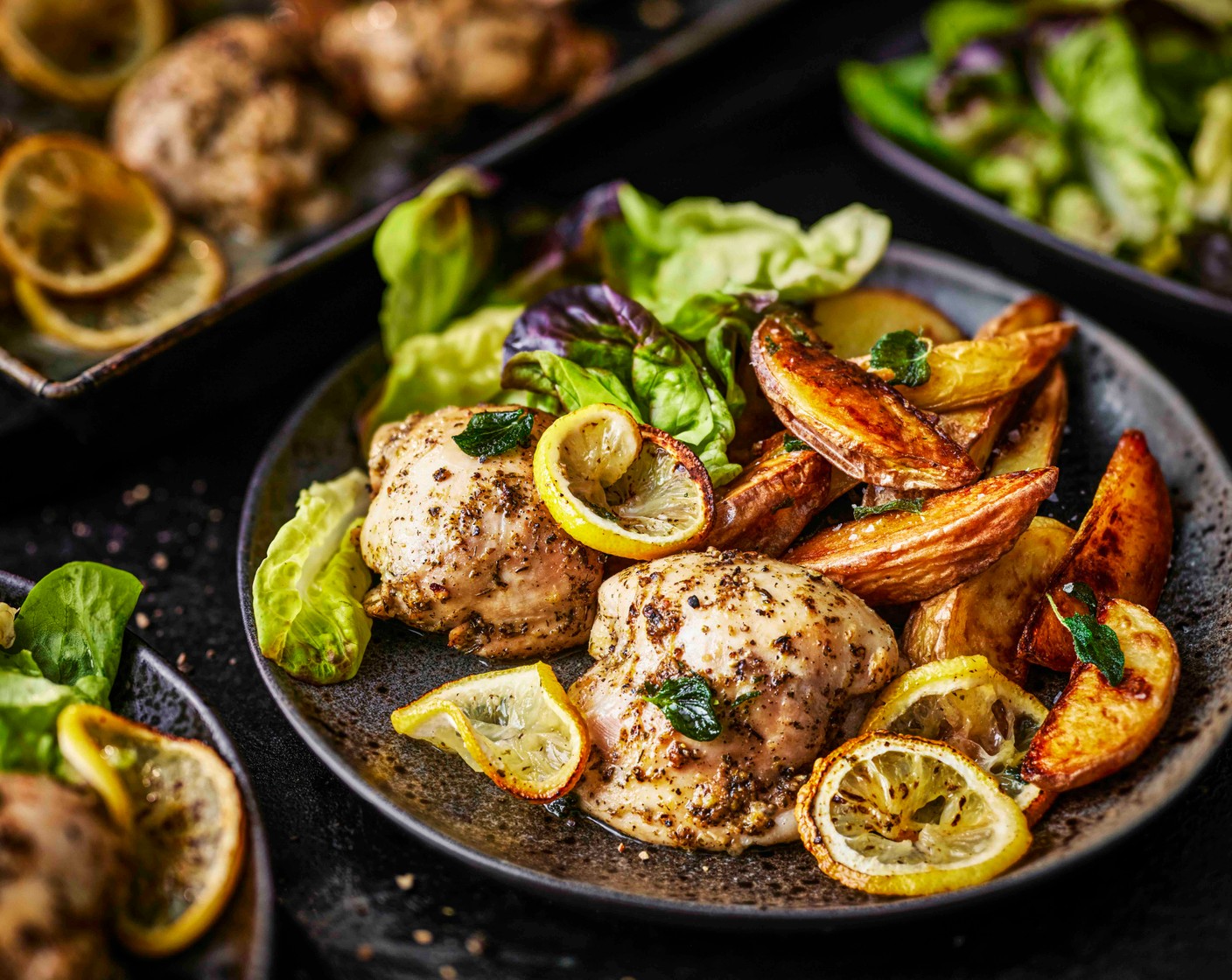 step 4 Serve the chicken with the wedges, spooning over the cooking juices and scattering with a little extra oregano on top, and the leaves (100 g) on the side.