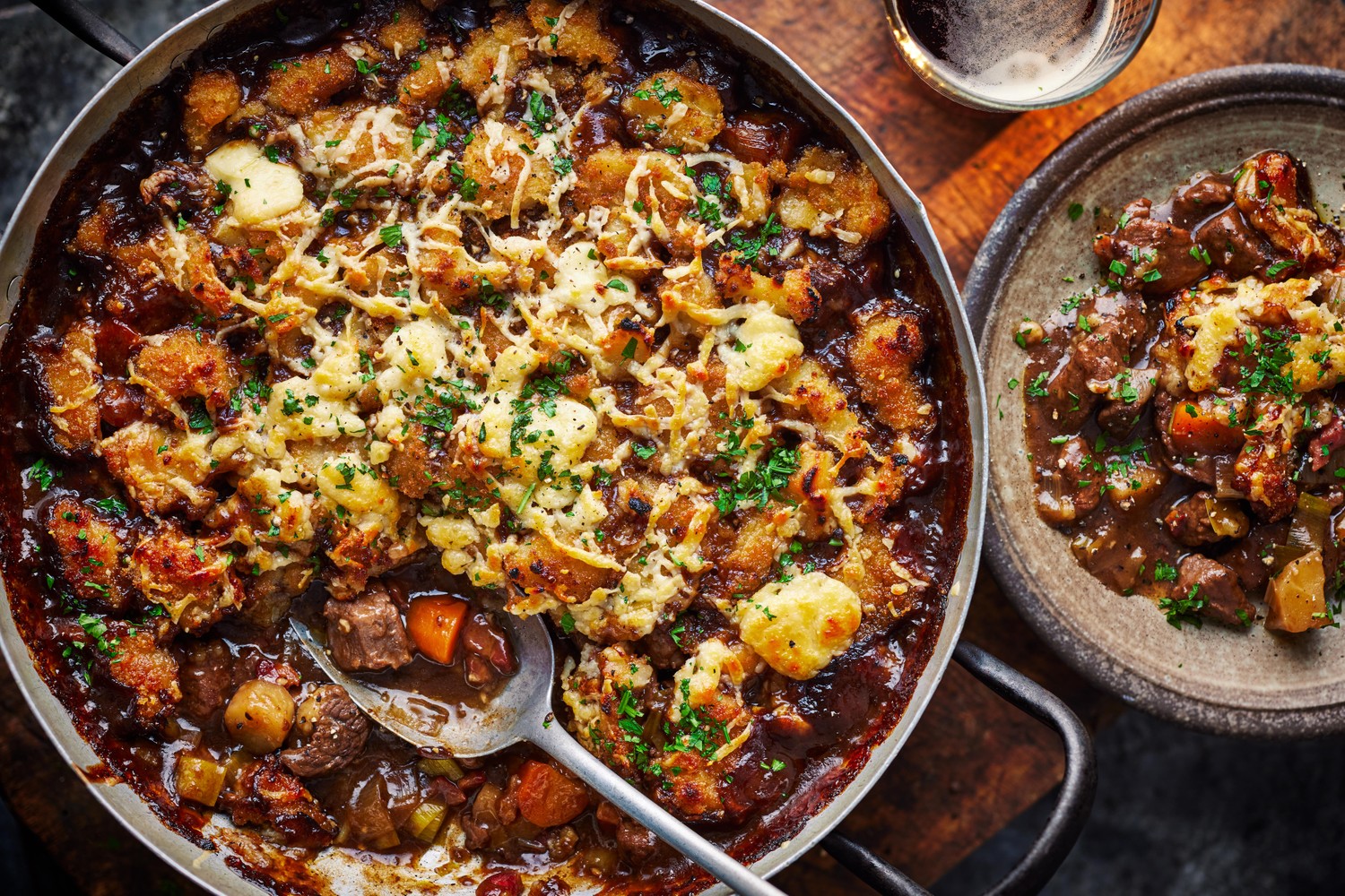Beef and ale pie with cheesy croquette topping