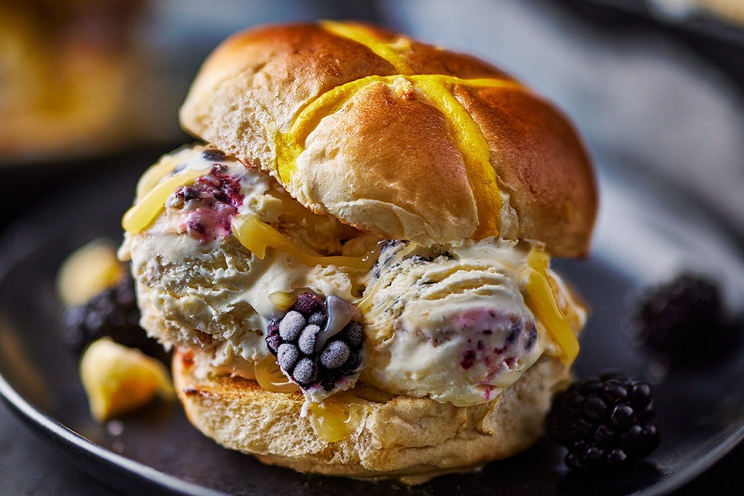 Lemon hot cross bun and blackberry ice cream