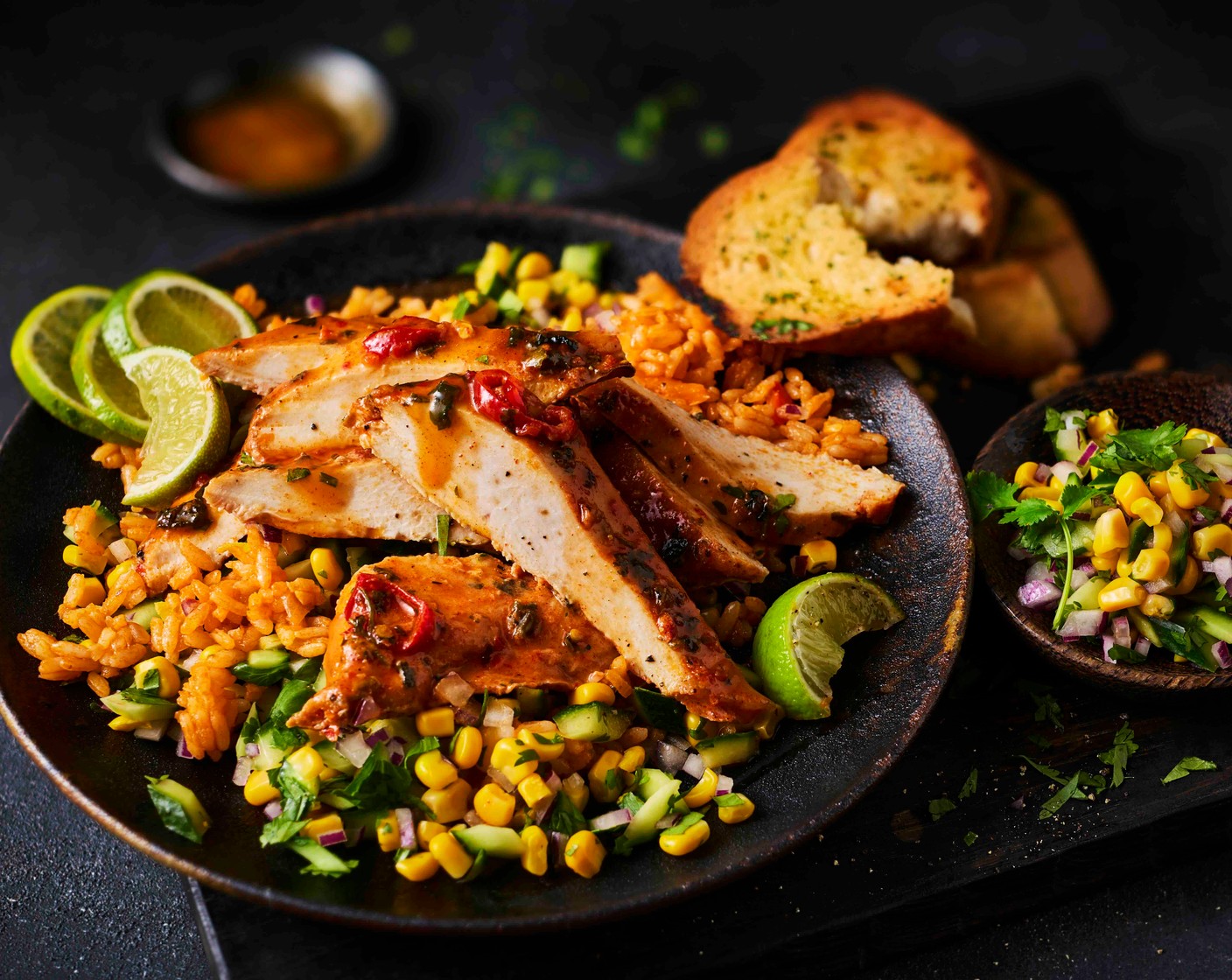 step 7 Serve the chicken with the rice, cucumber salsa, garlic bread and a drizzle of the mango hot sauce (to taste).