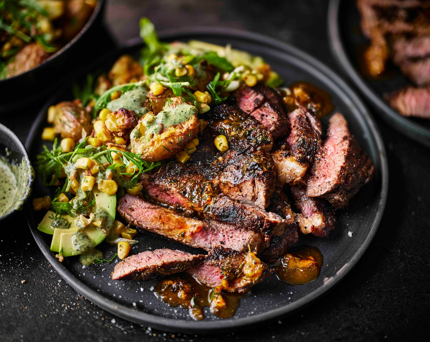 step 9 Remove the steaks from the pan and leave to rest for 5 minutes. Slice the steak and top with the juices from the pan and serve alongside the smashed potato salad.