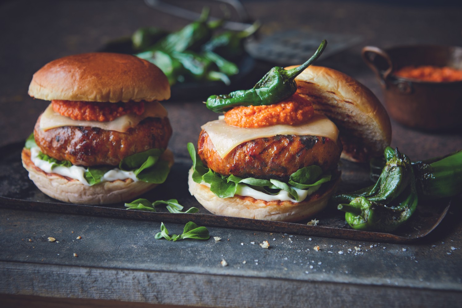 Loaded chorizo burgers with garlic mayo and padron peppers
