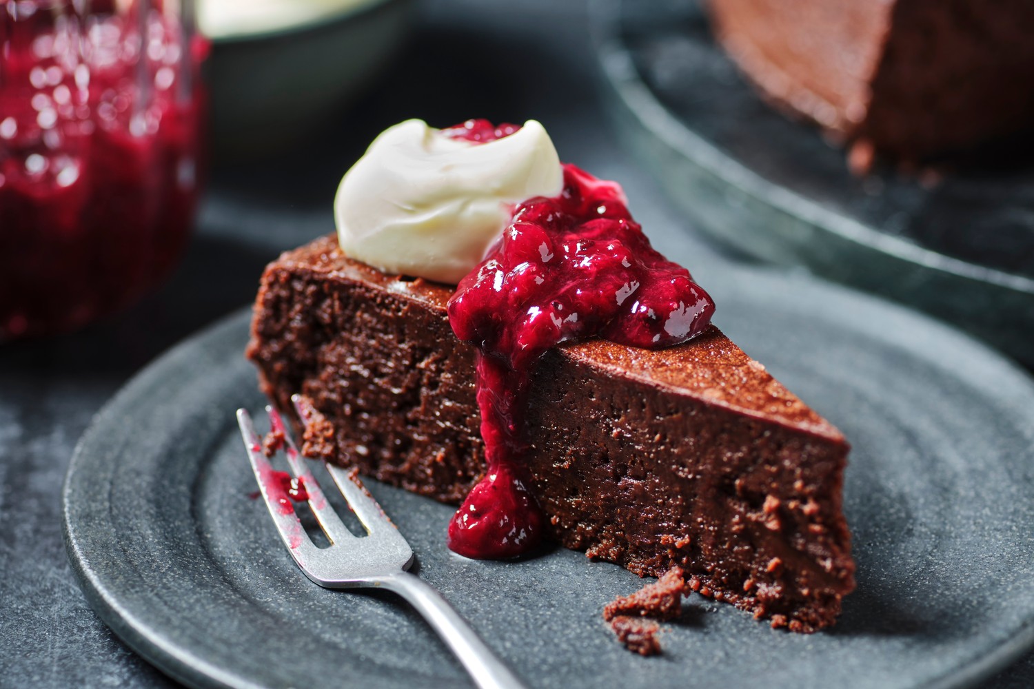 Flourless chocolate cake, fruit compote and creme fraîche