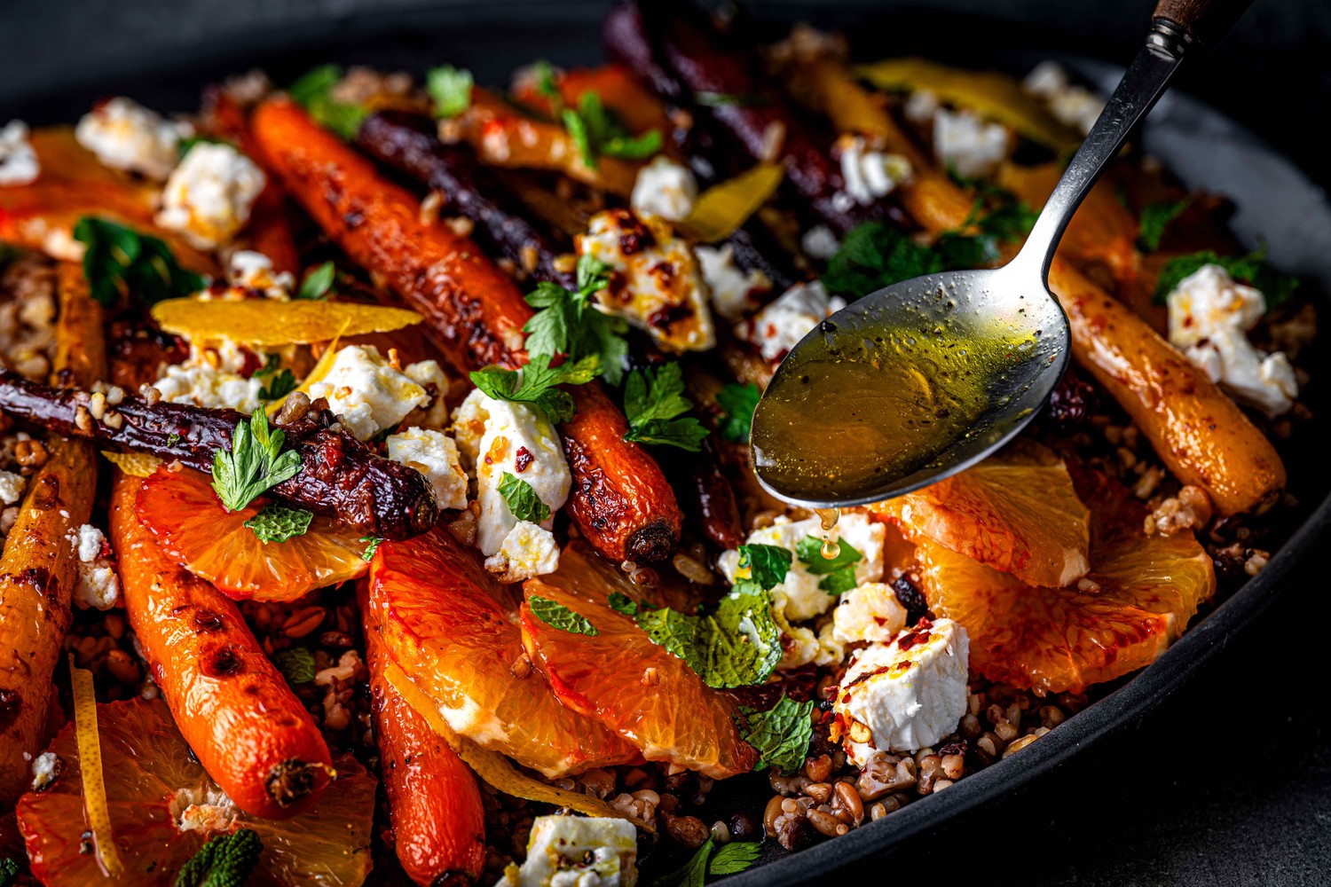 Roasted rainbow carrot, feta and blood orange salad recipe