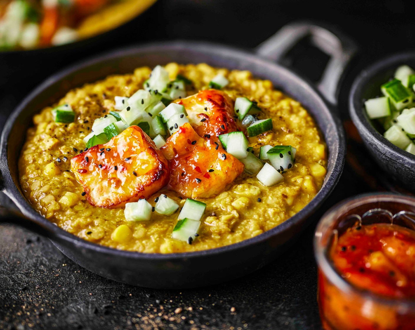 step 5 Spoon the dal into bowls, top with the mango chutney halloumi and spoon over the cucumber salad.