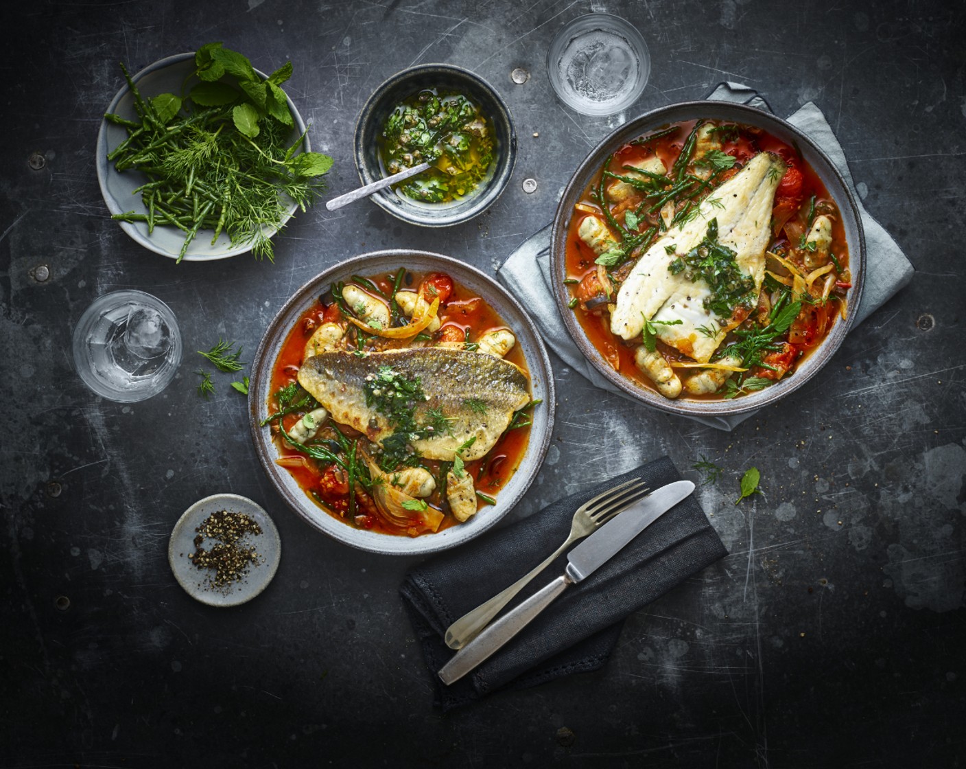 step 8 To serve, spoon the broth into 4 warmed bowls. Dot some gnocchi around each, then top with the sea bass fillets. Add a spoonful of salsa verde and a lemon half (2) to each, and sprinkle over any remaining herbs.
