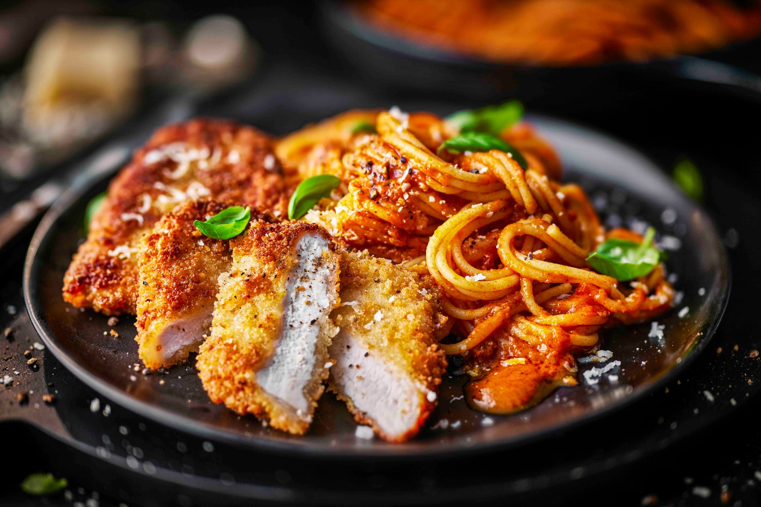 Pork Milanese with tomato and vodka spaghetti