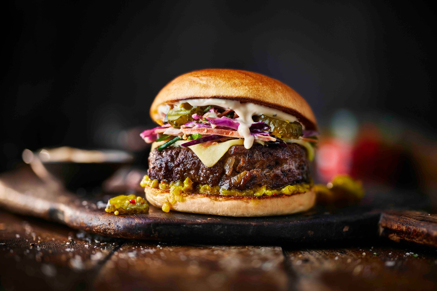 Tom's beef and smoky cheeseburger with rainbow slaw