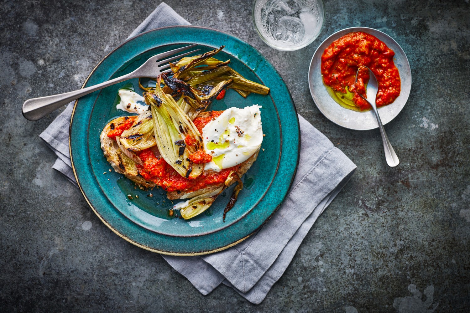 Charred king spring onions with roasted red pepper dip and burrata