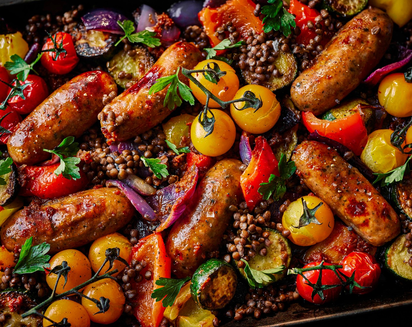 step 2 Bake for 25-30 minutes, flipping the sausages halfway, until the sausages are cooked. Finish with flat-leaf parsley (5 g).