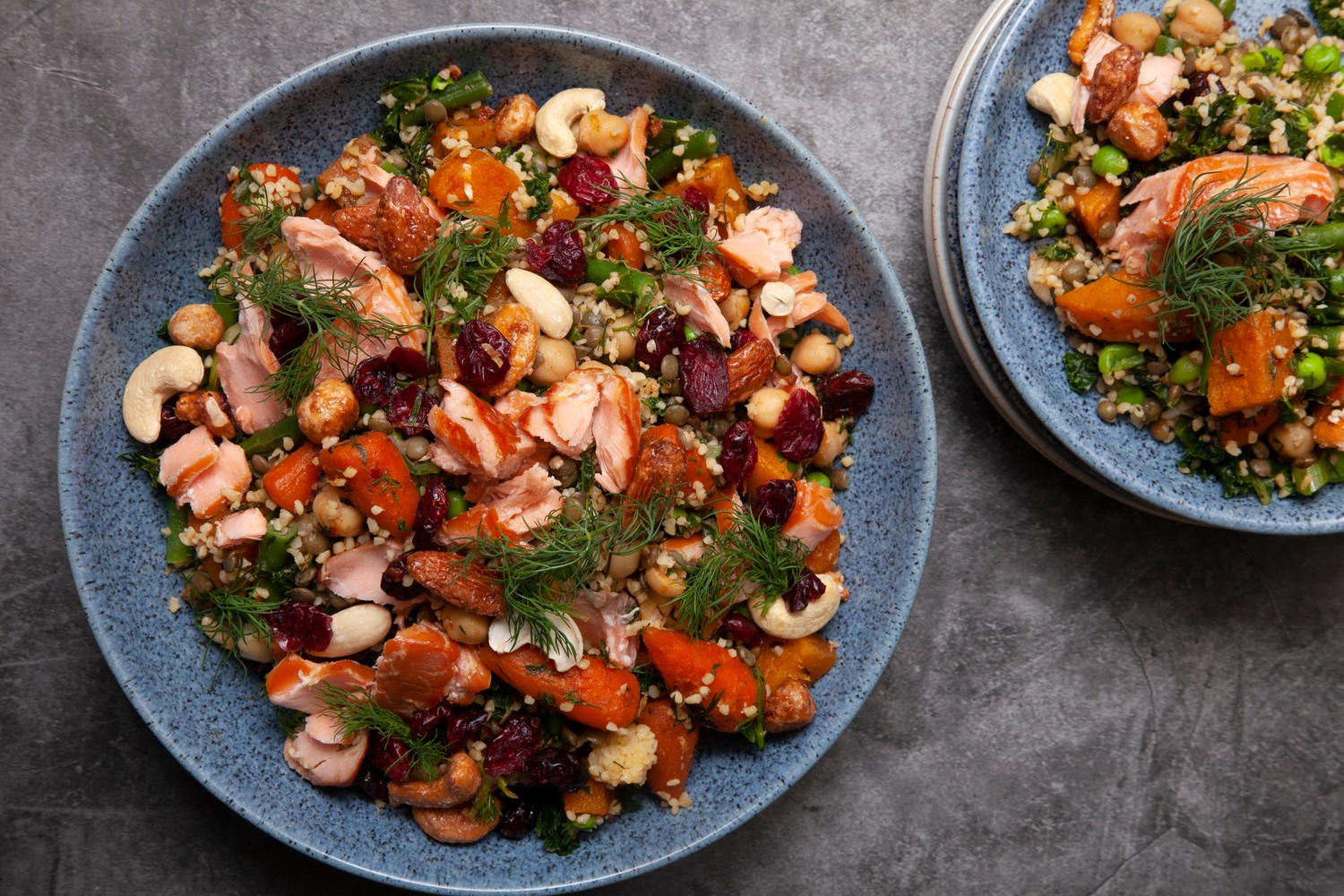 Honey harissa roasted root vegetable, honey roasted salmon and grain salad