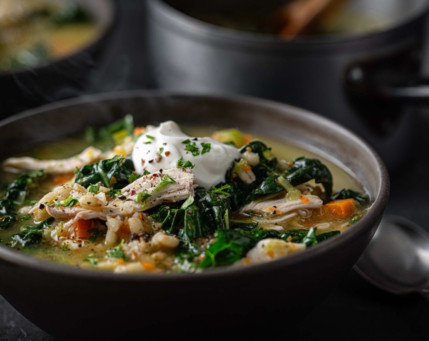 step 8 Ladle the soup into bowls and top with the yogurt (3 tbsp) and remaining parsley (7.5 g).