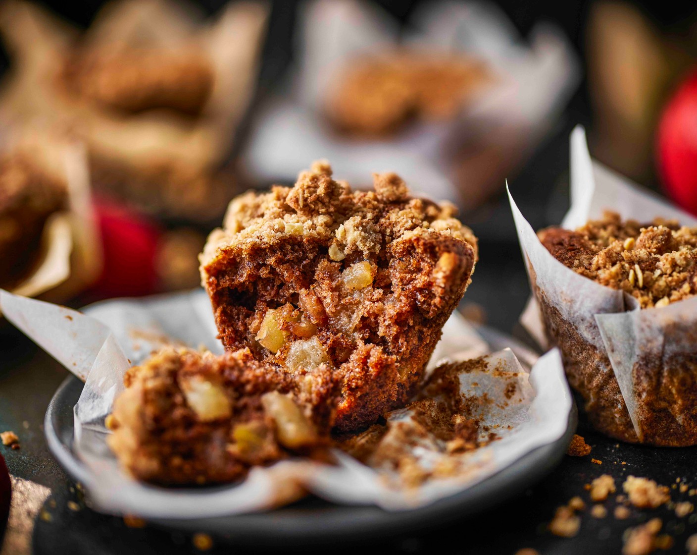 step 4 Divide between 6 muffin cases, then scatter over the crumble topping, pressing down lightly. Bake for 25 minutes, until golden and cooked through – a skewer inserted into the centre should come out clean.