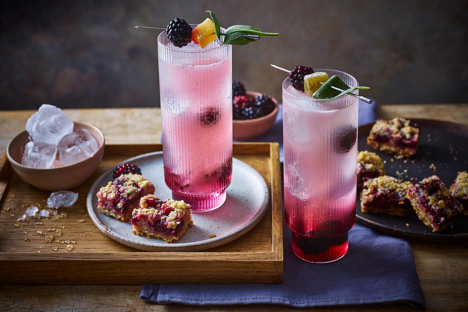 Blackberry and sage vodka ginger fizz with blackberry and sage crumble bites