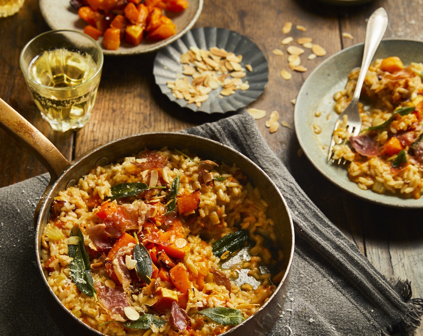 Roasted pumpkin risotto with almonds, sage and Parma ham