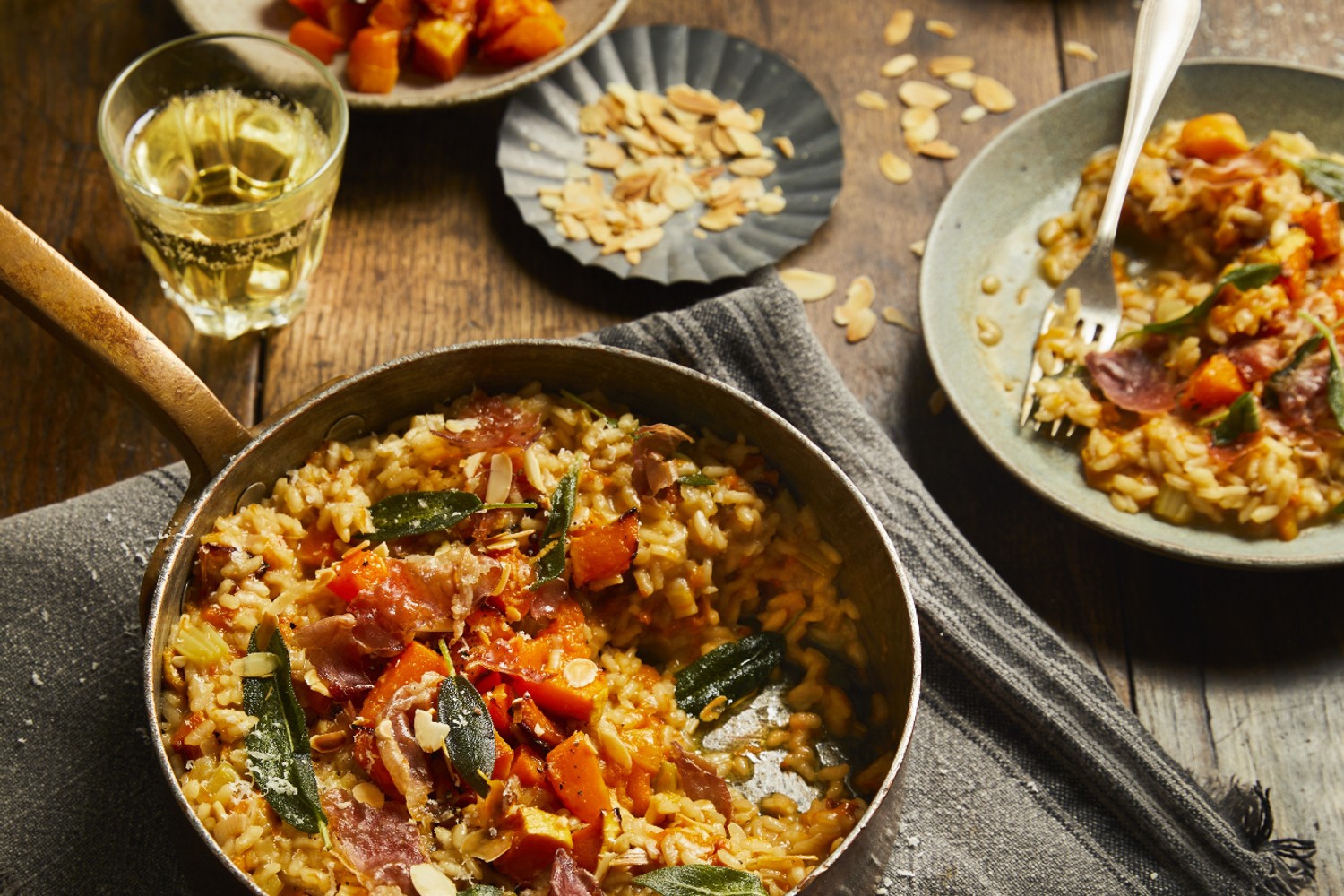 Roasted pumpkin risotto with almonds, sage and Parma ham