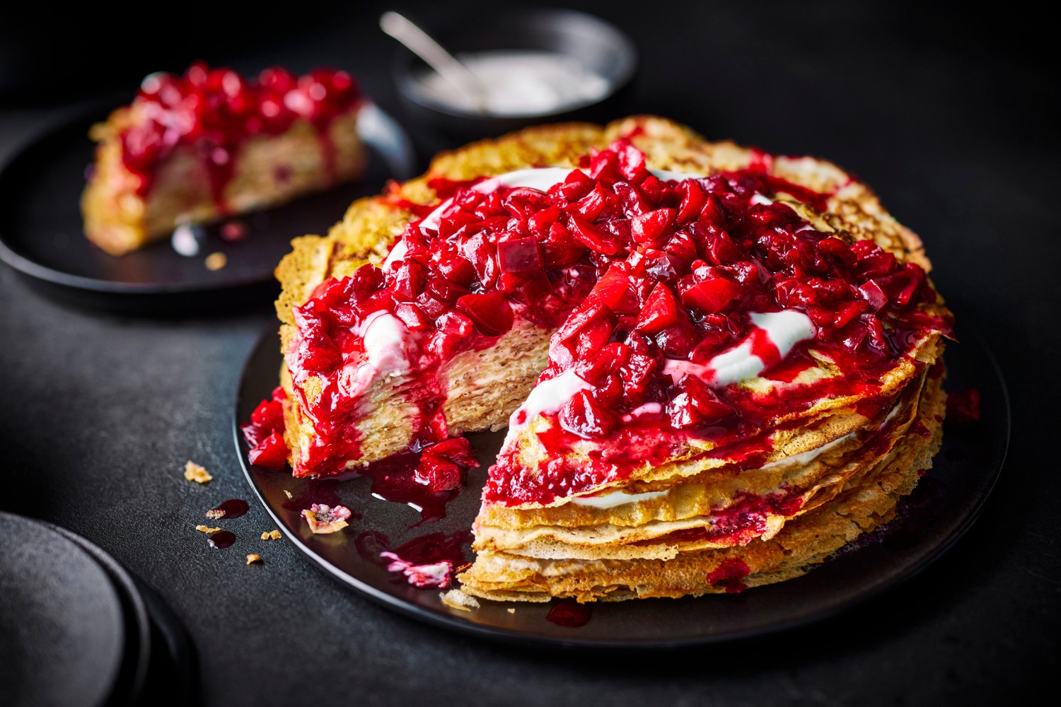 Layered vegan crêpe cake with mascarpone and plum compote recipe