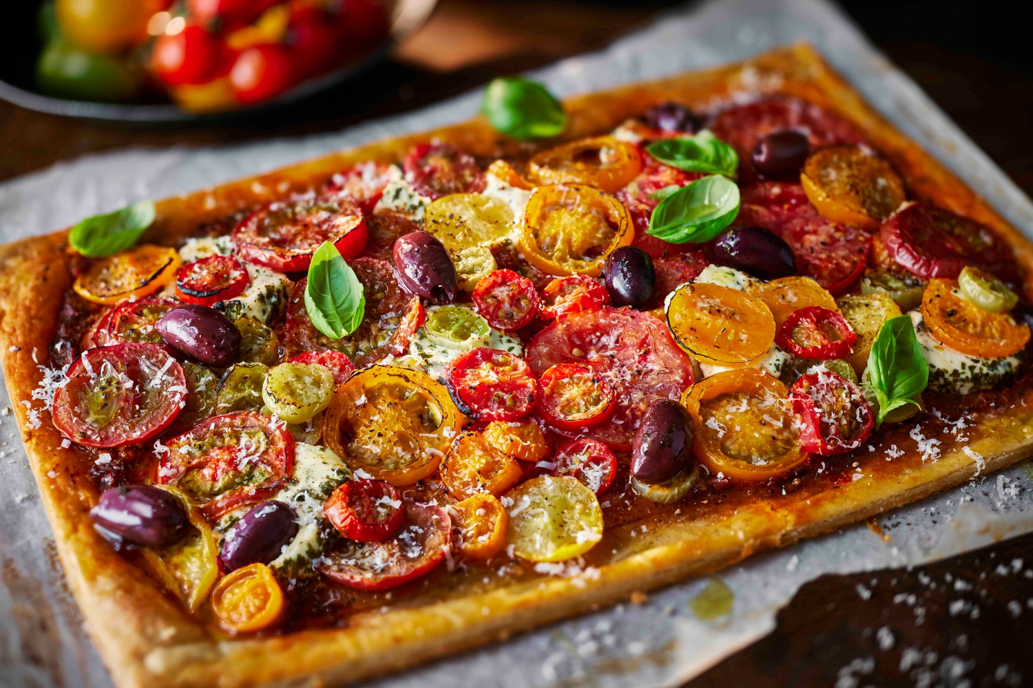 Isle of Wight tomato, pesto and olive tart
