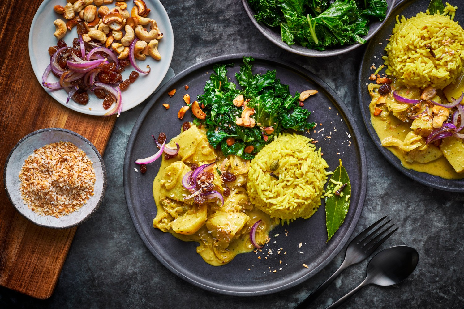 Sri Lankan potato curry, yellow rice, kale mallung and coconut sambal