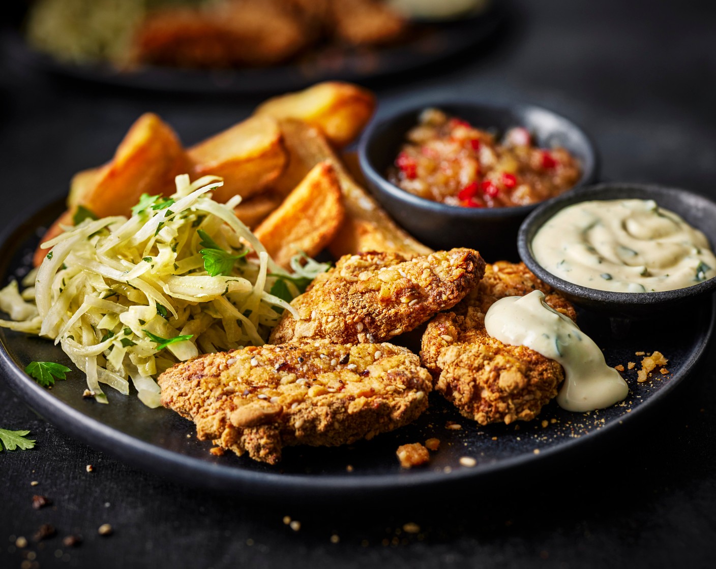 step 8 Serve the chicken goujons alongside the chips, pear jam and lemon mayonnaise.