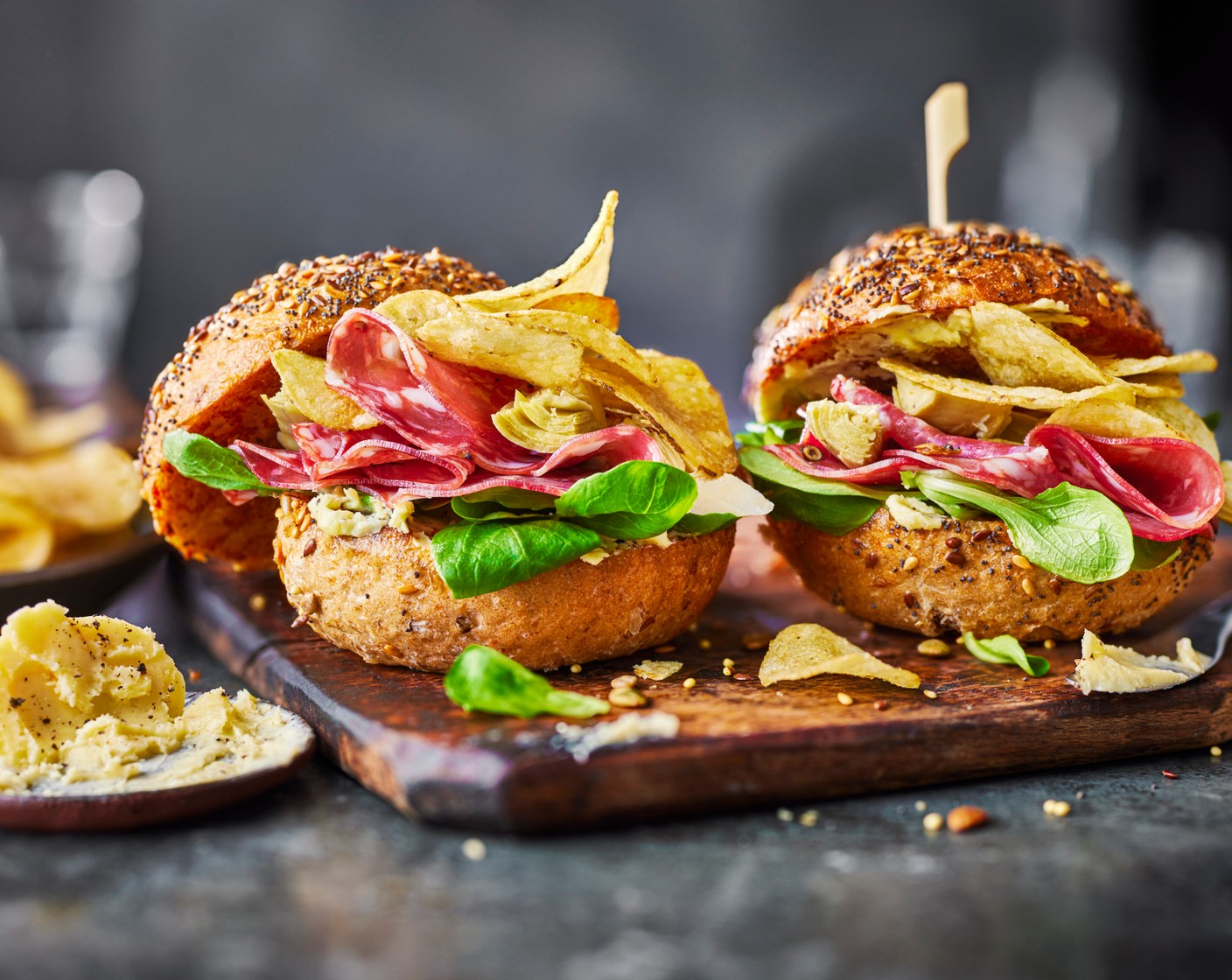 step 2 Top with the M&S lamb’s lettuce (1 handful) then lay on the M&S Italian salami Napoli (6 slices). Add the M&S Collection Italian baby artichokes (1) and finally the M&S Collection black truffle and olive oil crisps (20 g).