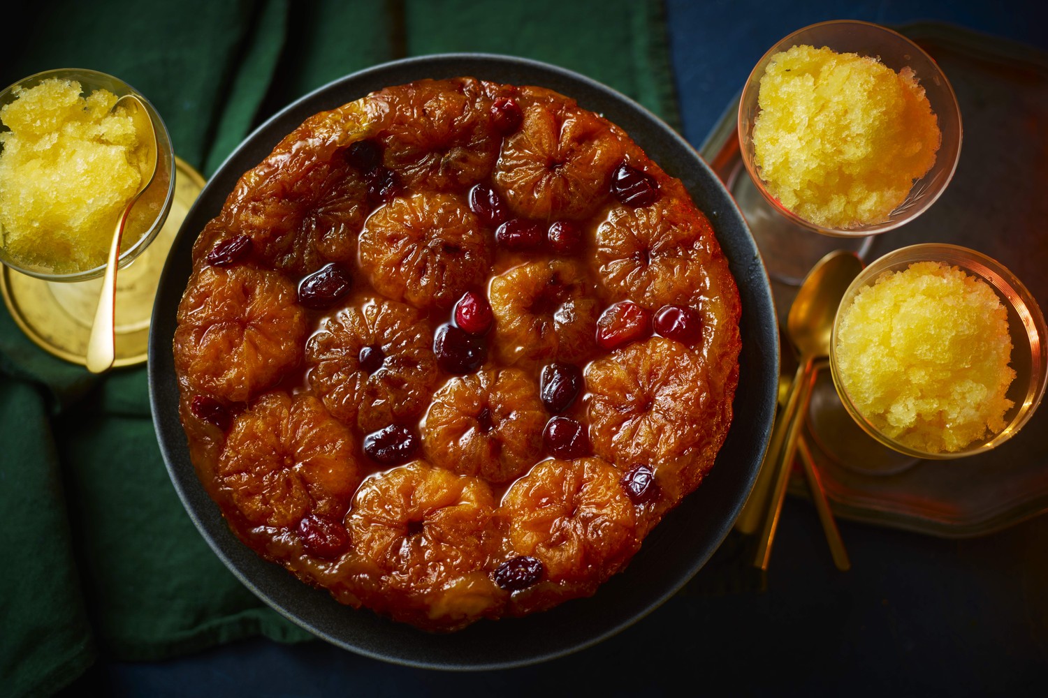 Clementine and cranberry tarte tatin with clementine granita