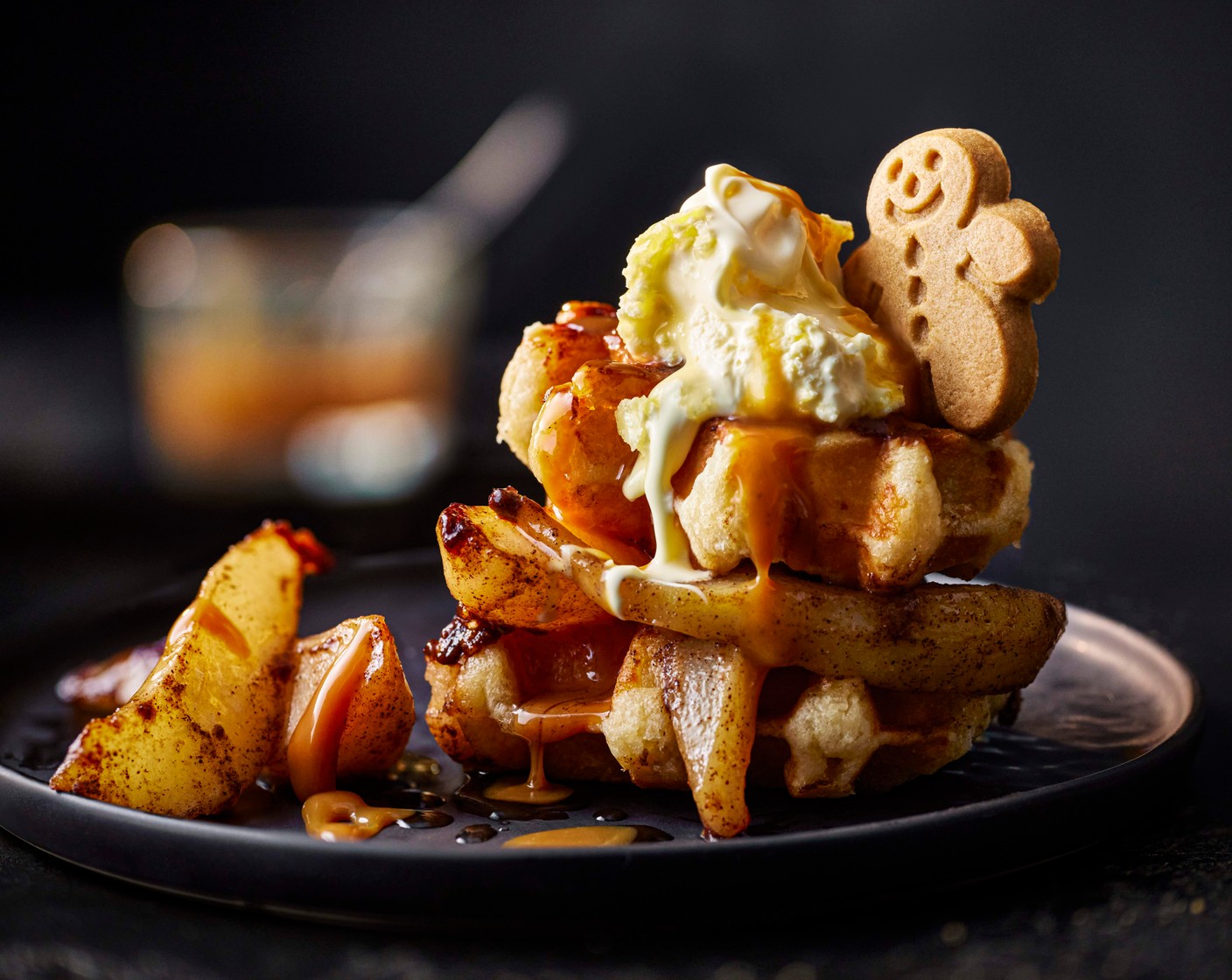 step 3 To serve, add the waffles to a plate and top with the pears and dollop the clotted cream (2 tbsp) on top. Top with a mini gingerbread men (2) man and drizzle some salted caramel sauce (to taste) over, if you like.